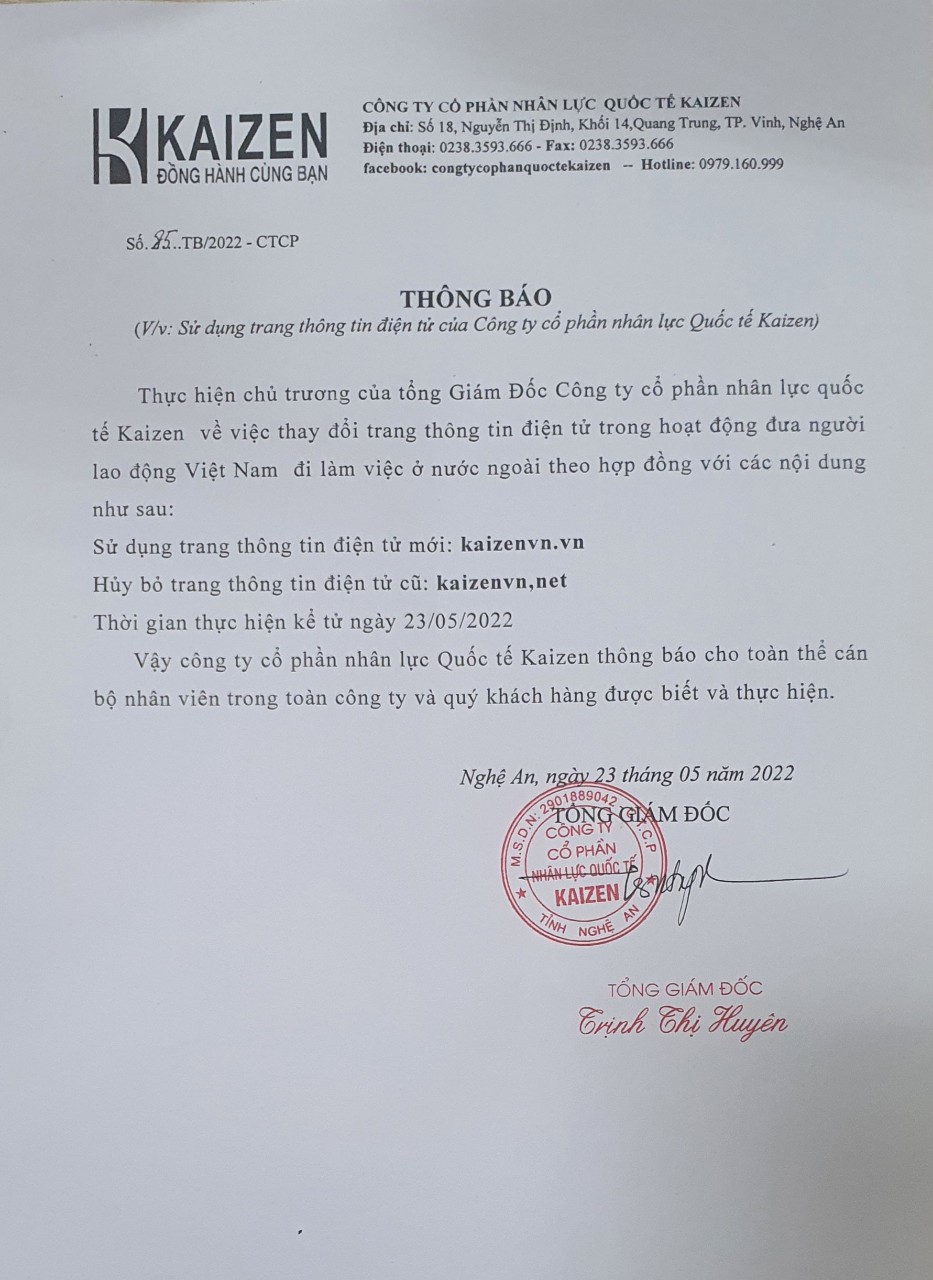 Thông báo Công ty CP Nhân lực Quốc tế Kaizen thay đổi tên miền kaizenvn.vn